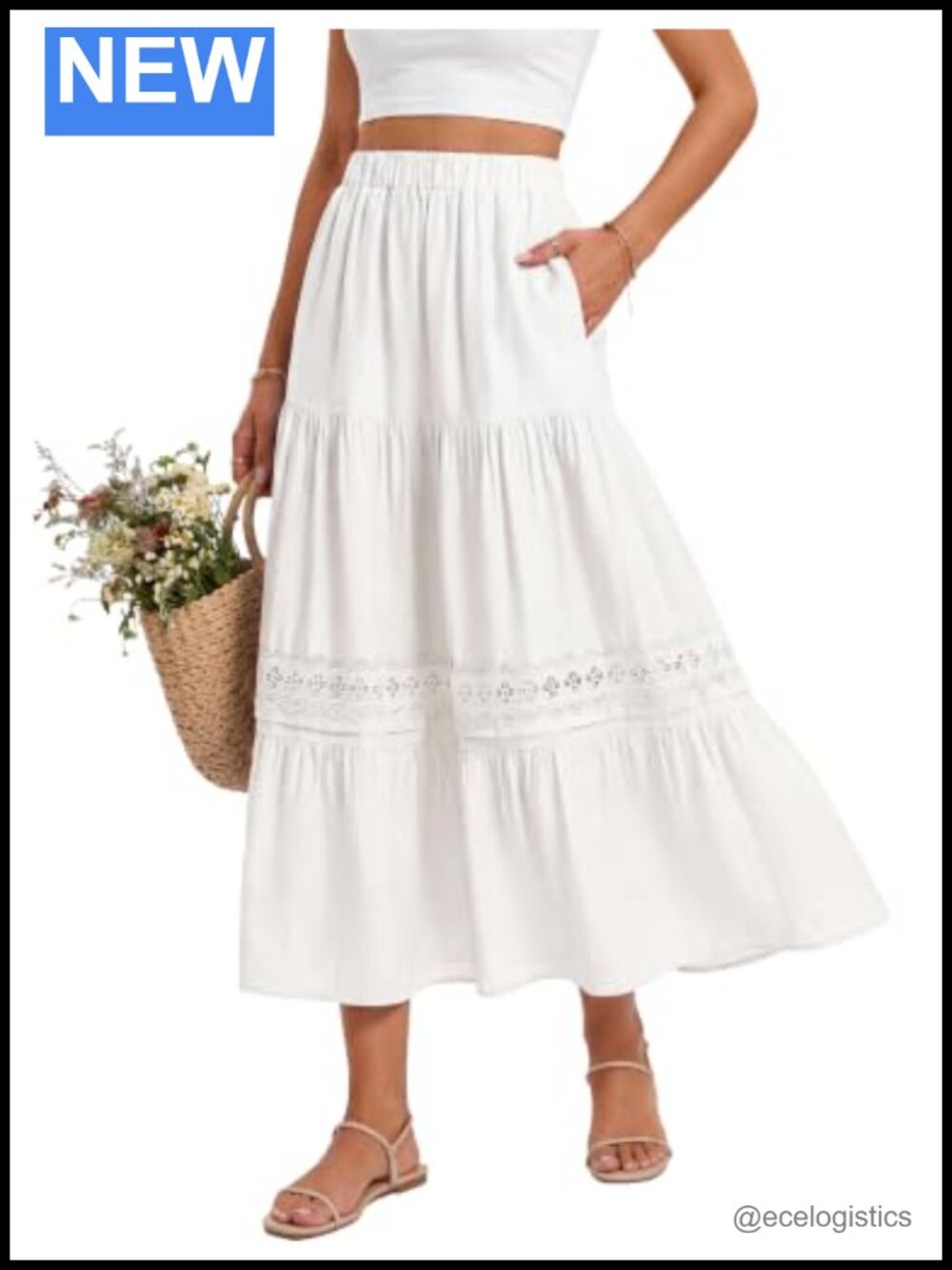 Women's White Maxi Skirt with Pockets Rayon Blend Boho High Waist Flowy Lace